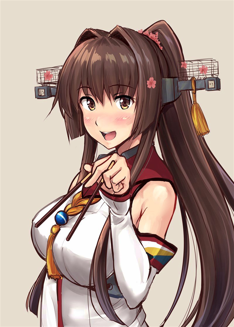 1girl bangs bare_shoulders beige_background blush breasts brown_eyes brown_hair cherry_blossoms detached_sleeves eyebrows_visible_through_hair flower food hair_flower hair_intakes hair_ornament headgear holding holding_food ichikawa_feesu kantai_collection large_breasts long_hair looking_at_viewer open_mouth pocky_day ponytail sidelocks simple_background smile solo upper_body very_long_hair yamato_(kantai_collection)