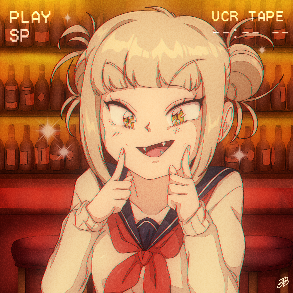 1girl 90s :d alcohol bags_under_eyes bangs blonde_hair bluethebone blunt_bangs boku_no_hero_academia collarbone counter double_bun fangs hands_on_own_cheeks hands_on_own_face looking_at_viewer messy_hair open_mouth red_neckwear retro school_uniform serafuku smile sparkle toga_himiko tsurime yellow_eyes