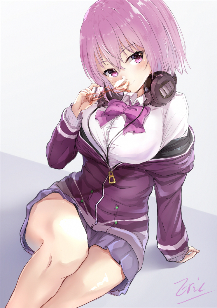 bow breasts eric_(pixiv9123557) grin headphones headphones_around_neck holding holding_eyewear jacket large_breasts lavender_hair looking_at_viewer off_shoulder purple_bow purple_jacket shinjou_akane short_hair signature sitting smile solo ssss.gridman violet_eyes