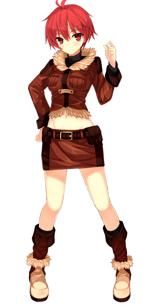 1girl ahoge belt belt_pouch boots brown_footwear brown_jacket brown_skirt full_body fur_trim hand_on_hip hand_up jacket looking_at_viewer navel official_art patriarch_xtasy pencil_skirt pouch red_eyes redhead short_hair silvia_ryersten skirt smile solo standing transparent_background
