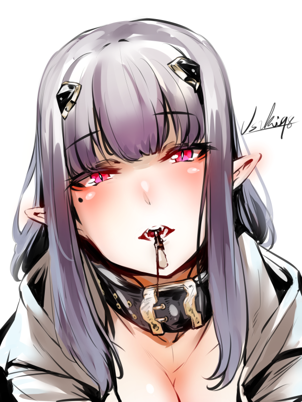 1girl blush breasts cleavage collar food long_hair looking_at_viewer mole mole_under_eye open_mouth original pink_eyes pocky pocky_day pointy_ears purple_hair slit_pupils solo usuki_(graygreed)