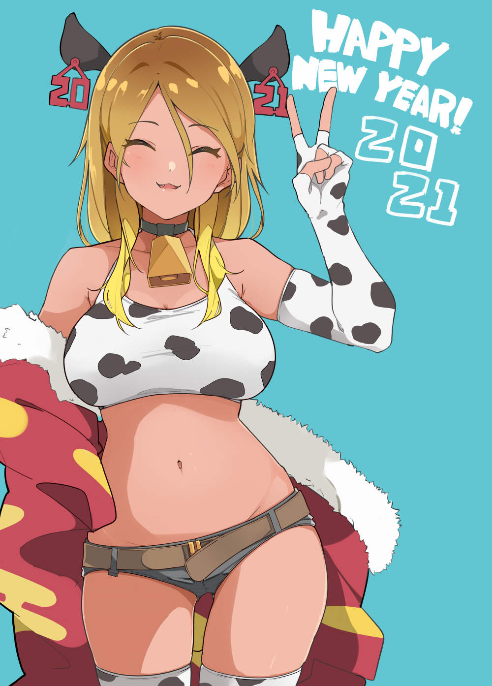 1girl 2021 :3 animal_collar animal_ears animal_print bell bell_collar belt black_collar black_shorts blonde_hair blue_background breasts brown_belt chinese_zodiac closed_eyes coat collar commentary cow_ears cow_print cowboy_shot crop_top elbow_gloves english_text facing_viewer fang fingerless_gloves gloves happy_new_year haseneko highres large_breasts long_hair long_sleeves looking_at_viewer micro_shorts navel new_year off_shoulder open_mouth original print_gloves print_legwear print_shirt red_coat shirt shorts simple_background skindentation smile solo standing thigh-highs v white_legwear white_shirt year_of_the_ox