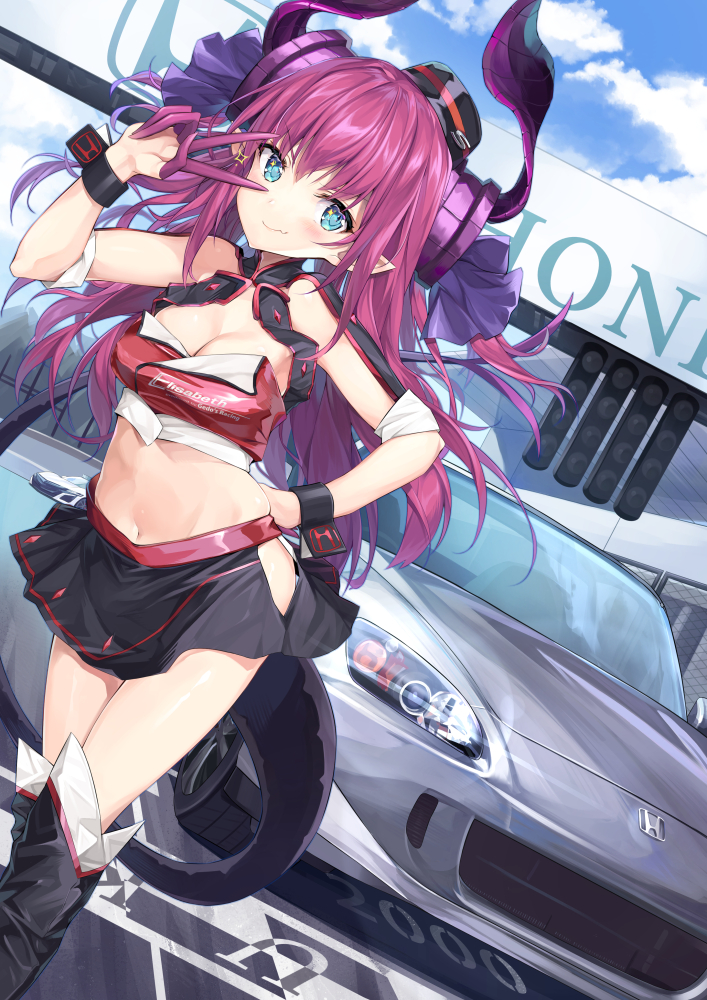 1girl bangs black_legwear black_skirt blue_eyes blue_sky blush breasts car character_name cleavage closed_mouth clothes_writing clouds commentary_request crop_top day dragon_girl dragon_horns dragon_tail dutch_angle elizabeth_bathory_(fate) elizabeth_bathory_(fate)_(all) fang fate/extra fate/extra_ccc fate/grand_order fate_(series) gedou_(shigure_seishin) ground_vehicle hand_on_hip hand_up hip_vent honda_s2000 horns kneehighs long_hair medium_breasts midriff miniskirt motor_vehicle navel outdoors pointy_ears purple_hair racequeen sidelocks skirt sky smile solo standing symbol-shaped_pupils tail v v-shaped_eyebrows wrist_cuffs