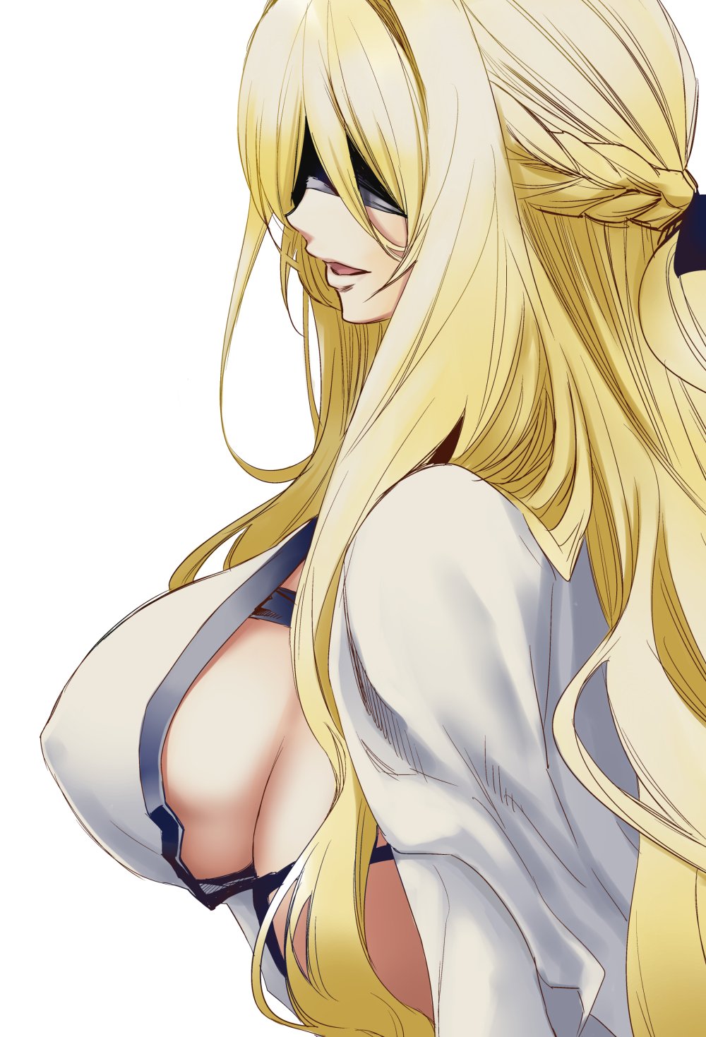 1girl bangs black_ribbon blindfold blonde_hair braid breasts commentary_request crown_braid dress from_side goblin_slayer! half_updo highres kurose_kousuke large_breasts long_hair open_mouth parted_lips ribbon sideboob solo sword_maiden white_dress