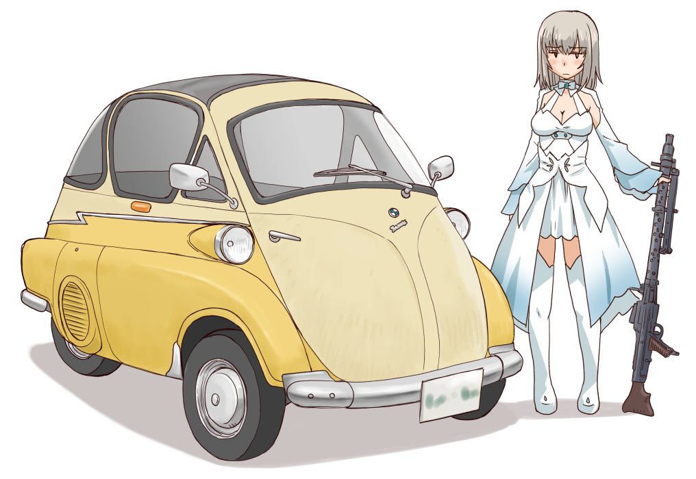 1girl blue_eyes bmw_isetta boots breasts car cleavage closed_mouth commentary_request cosplay dress eyebrows_visible_through_hair frown girls_und_panzer ground_vehicle gun holding holding_weapon itsumi_erika izetta izetta_(cosplay) long_dress long_hair long_sleeves looking_at_viewer machine_gun medium_breasts mg34 motor_vehicle namesake nishizumi_maho shadow shuumatsu_no_izetta silver_hair simple_background solo standing uona_telepin weapon white_background white_dress white_footwear
