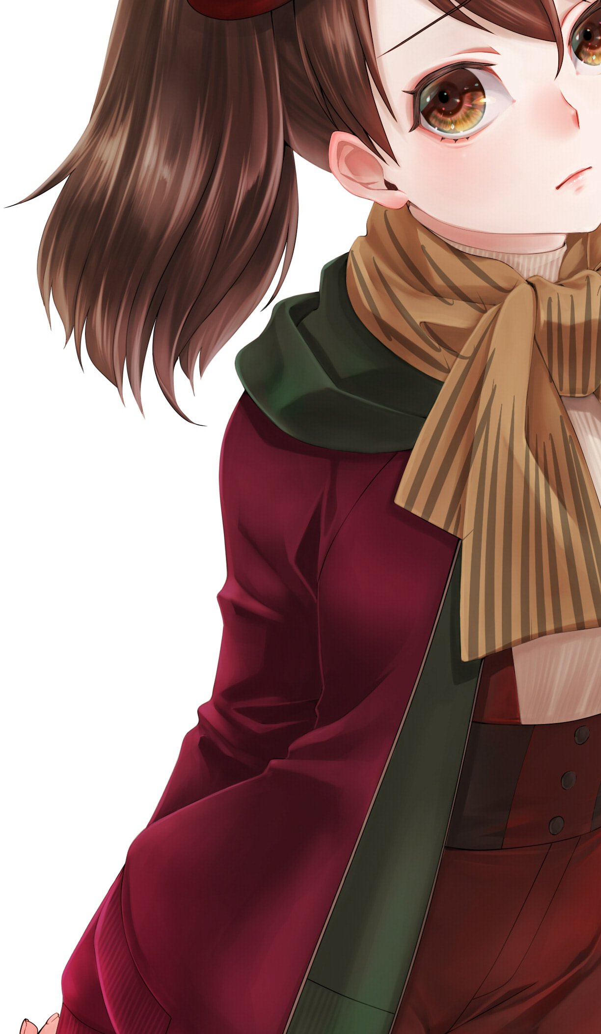 brown_hair casual close-up commentary_request hat highres jacket kantai_collection long_hair looking_at_viewer pants red_jacket red_pants ryuujou_(kantai_collection) scarf sweater turtleneck turtleneck_sweater twintails uka_(kikarosso25) white_background yellow_eyes