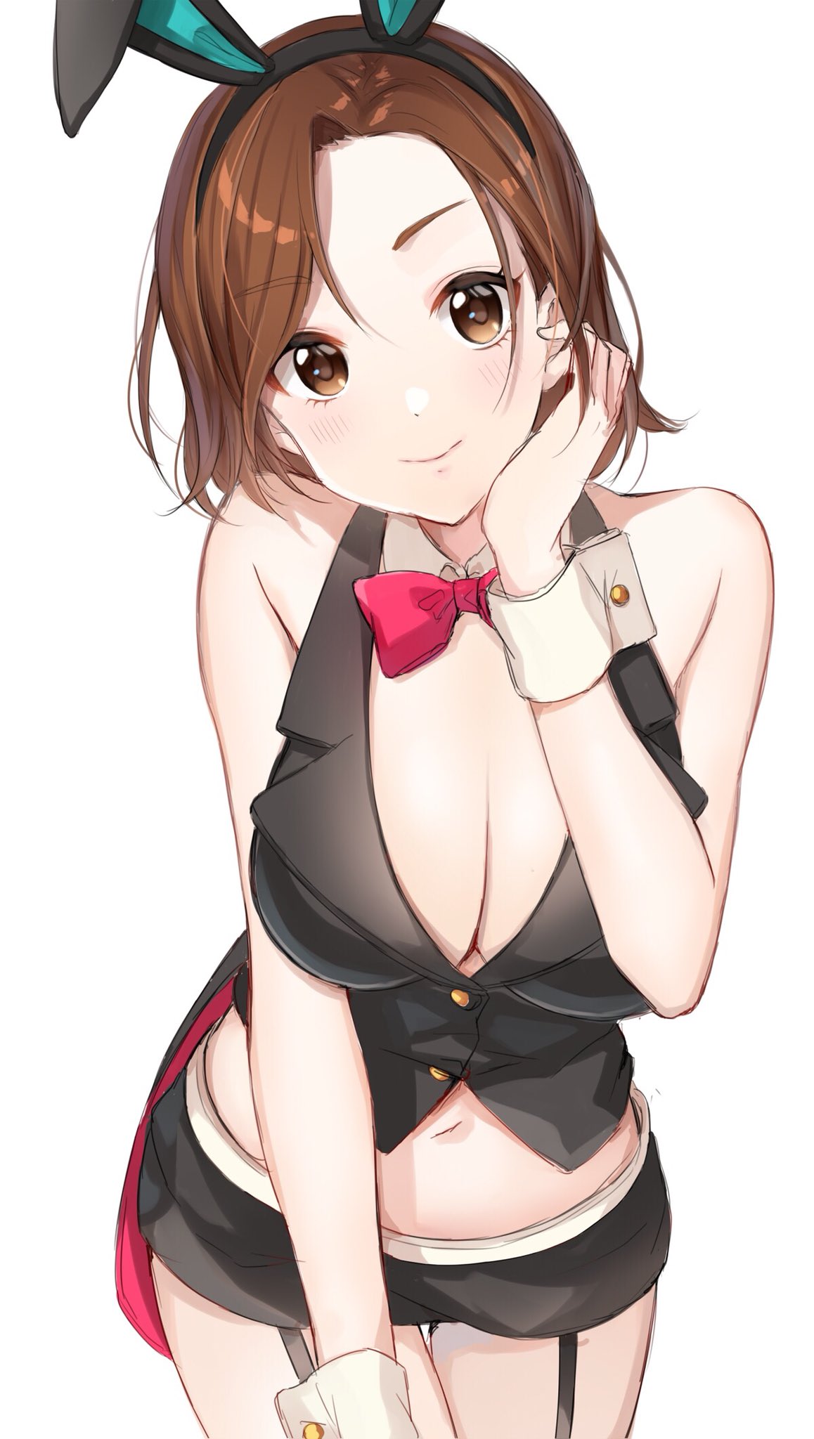 1girl animal_ears bangs bare_shoulders blazer bow bowtie breasts brown_eyes brown_hair bunnysuit cleavage commentary crop_top detached_collar eyebrows_visible_through_hair fake_animal_ears garter_straps highres idolmaster idolmaster_cinderella_girls jacket large_breasts light_smile midriff mizuki_seira navel parted_bangs rabbit_ears red_neckwear satoimo_chika short_hair short_shorts shorts simple_background sleeveless sleeveless_blazer solo standing white_background wing_collar wrist_cuffs