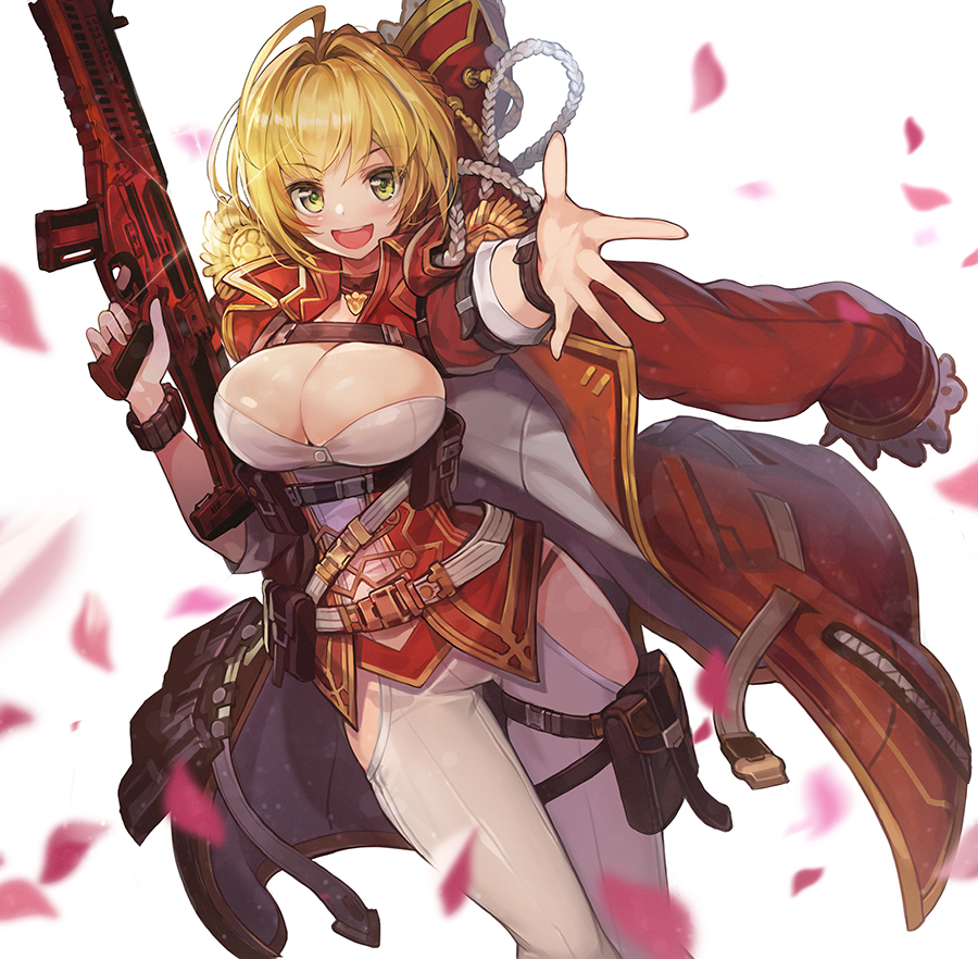 1girl :d ahoge alternate_costume arx-160 assault_rifle belt blonde_hair breasts cleavage eyebrows_visible_through_hair fate/extra fate_(series) goomrrat green_eyes gun holding holding_gun holding_weapon holster large_breasts nero_claudius_(fate) nero_claudius_(fate)_(all) open_mouth petals rifle short_hair simple_background smile solo thigh-highs weapon white_background white_legwear