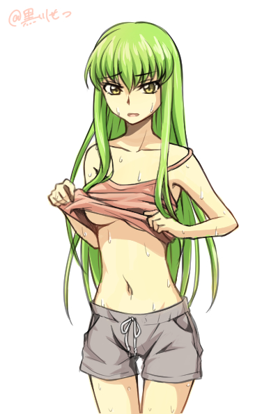 1girl bangs breasts c.c. code_geass collarbone cowboy_shot eyebrows_visible_through_hair green_hair grey_shorts lifted_by_self long_hair looking_at_viewer medium_breasts navel open_mouth pink_shirt ribbon setu_kurokawa shiny shiny_hair shirt shirt_lift short_shorts shorts simple_background sketch sleeveless sleeveless_shirt solo standing sweat under_boob very_long_hair white_background white_ribbon yellow_eyes