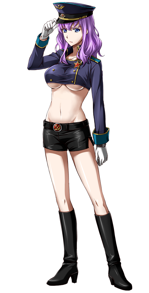 1girl adjusting_clothes adjusting_hat arm_at_side belt belt_buckle black_footwear black_hat black_shorts blue_eyes boots breasts buckle full_body gloves hammer_and_sickle hat knee_boots long_hair looking_at_viewer medal medium_breasts midriff navel official_art patriarch_xtasy purple_hair sasha_garmanev short_shorts shorts smile solo standing transparent_background under_boob white_gloves