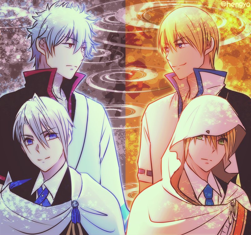 4boys blonde_hair blue_eyes blue_neckwear cloak closed_mouth color_connection crossover eriyama gintama green_eyes hair_color_connection japanese_clothes kimono looking_at_another male_focus multiple_boys necktie sakata_gintoki sakata_kintoki_(gintama) silver_hair smile symmetry touken_ranbu trait_connection twitter_username yamanbagiri_chougi yamanbagiri_kunihiro