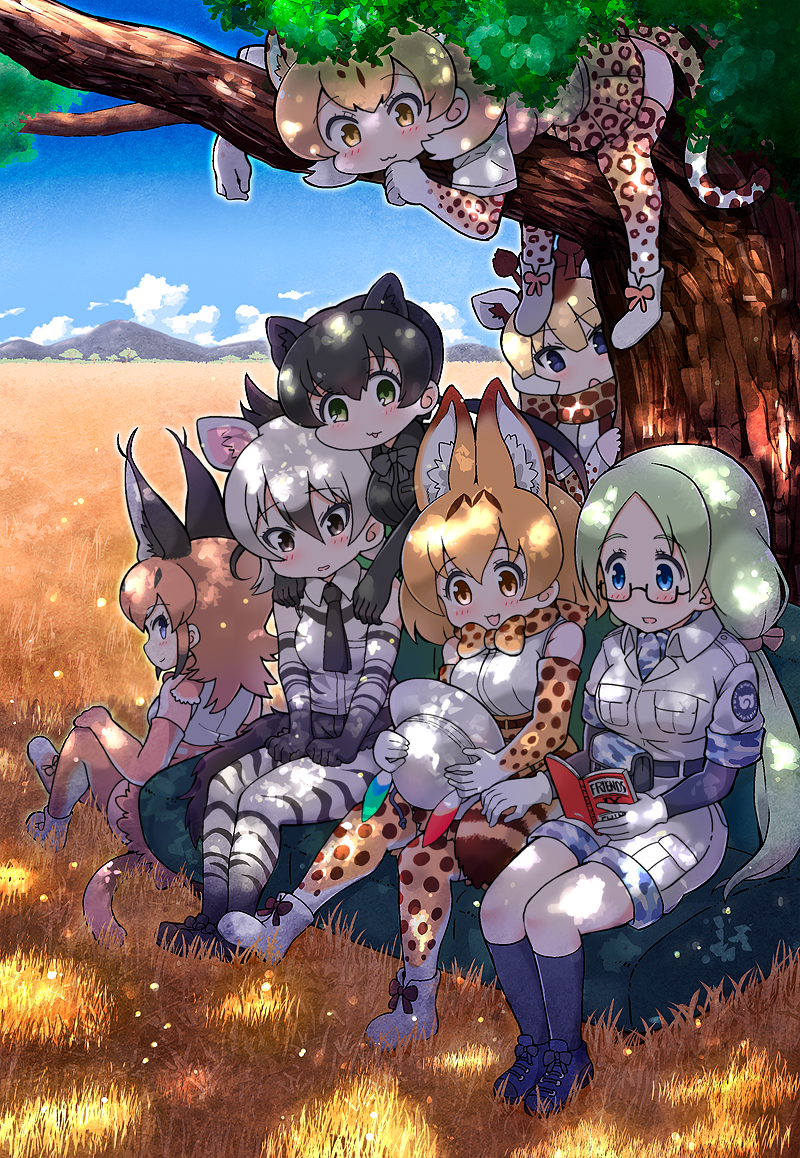 6+girls :3 :d aardwolf_(kemono_friends) aardwolf_ears animal_ears black_eyes black_hair black_jaguar_(kemono_friends) black_neckwear blonde_hair blue_eyes blue_sky blush book bow breast_pocket caracal_(kemono_friends) caracal_ears caracal_tail cheek_press clouds commentary couch day elbow_gloves extra_ears eyebrows_visible_through_hair giraffe_ears giraffe_horns giraffe_print glasses gloves grass green_eyes green_hair hair_between_eyes hat hat_feather hat_removed headwear_removed jaguar_(kemono_friends) jaguar_ears jaguar_print jaguar_tail kemono_friends long_hair low_twintails mirai_(kemono_friends) mountainous_horizon multicolored_hair multiple_girls necktie open_mouth orange_hair outdoors pantyhose pantyhose_under_shorts peeking_out pleated_skirt pocket print_gloves print_legwear print_neckwear print_skirt reticulated_giraffe_(kemono_friends) savannah semi-rimless_eyewear serval_(kemono_friends) serval_ears serval_print serval_tail short_hair short_sleeves shorts sitting skirt sky smile tail tanaka_kusao tree tree_shade twintails under-rim_eyewear white_gloves white_hair yellow_eyes