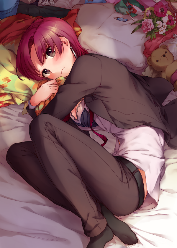 1girl bazett_fraga_mcremitz bed_sheet belt black_bra black_jacket black_legwear black_pants bra breasts brown_eyes cleavage dress_shirt fate/hollow_ataraxia fate_(series) fetal_position flower formal indoors jacket looking_at_viewer lying medium_breasts misoiri_(gokutsubushi) mole mole_under_eye necktie on_side open_clothes open_jacket open_shirt pants pillow red_flower red_neckwear redhead shirt short_hair socks solo stuffed_animal stuffed_toy teddy_bear underwear white_shirt