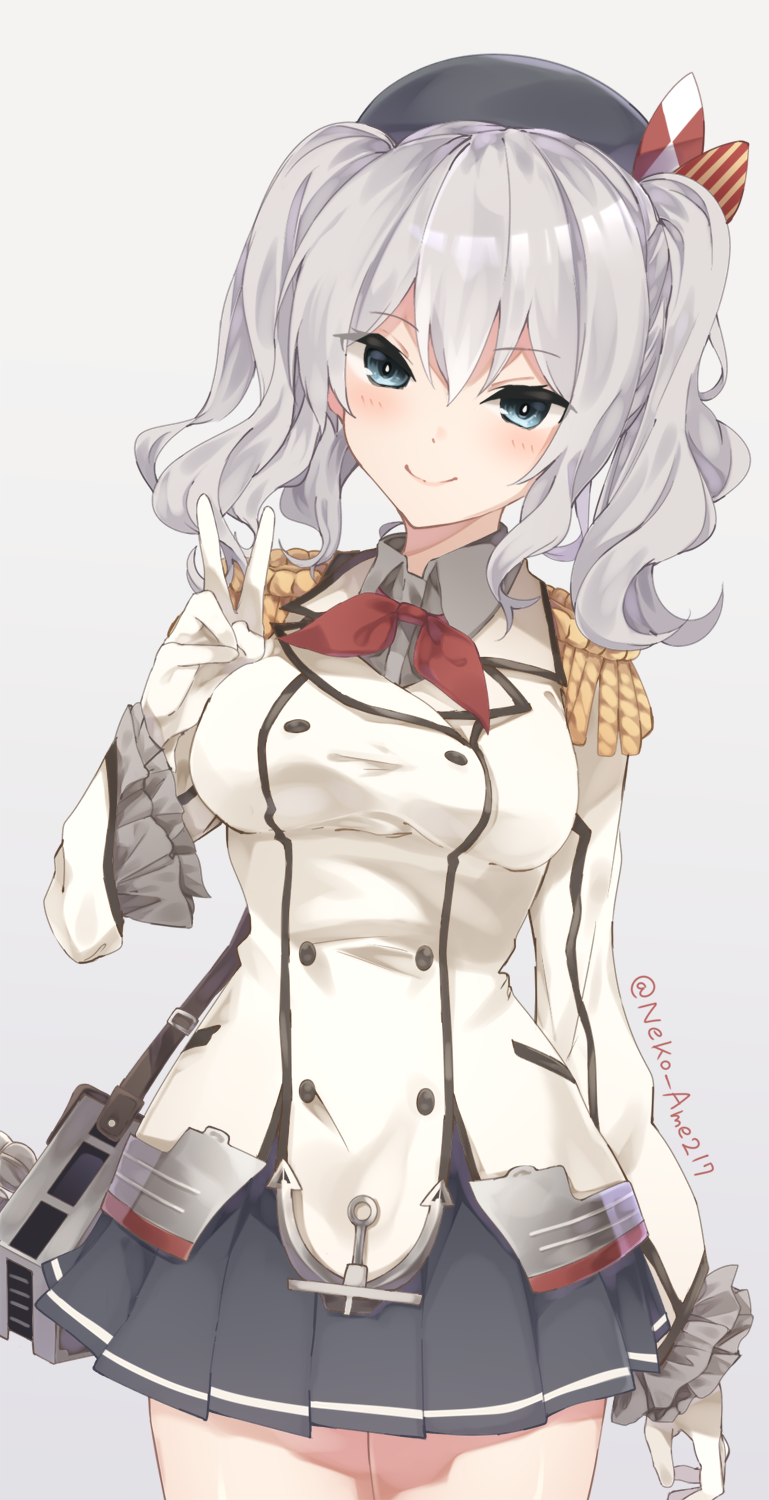 1girl anchor bangs belt beret black_hat black_skirt blue_eyes blush breasts buttons closed_mouth cowboy_shot epaulettes eyebrows_visible_through_hair gloves hair_between_eyes hat highres jacket kantai_collection kashima_(kantai_collection) long_sleeves looking_at_viewer machinery miniskirt neckerchief neko_ame pleated_skirt red_neckwear sidelocks silver_hair simple_background skirt smile solo standing tsurime twintails v wavy_hair white_gloves white_jacket