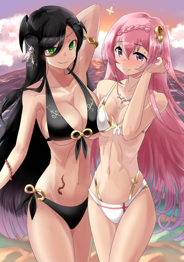 2girls arm_up artemisia_(flower_knight_girl) asymmetrical_docking bad_proportions bead_bracelet beads bikini black_bikini black_hair blush bracelet braid breast_press breasts cleavage clouds cross cross_necklace enishida_(flower_knight_girl) error flower_knight_girl green_eyes hair_between_eyes hair_ornament hand_up ishizu_kayu jewelry large_breasts long_hair medium_breasts multiple_girls navel necklace ocean outdoors pink_hair swimsuit tattoo very_long_hair white_bikini