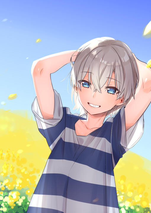 1boy arms_behind_head arms_up blue_eyes blush cr-r grin looking_at_viewer male_focus outdoors shirt silver_hair smile solo striped striped_shirt totsuka_saika yahari_ore_no_seishun_lovecome_wa_machigatteiru.