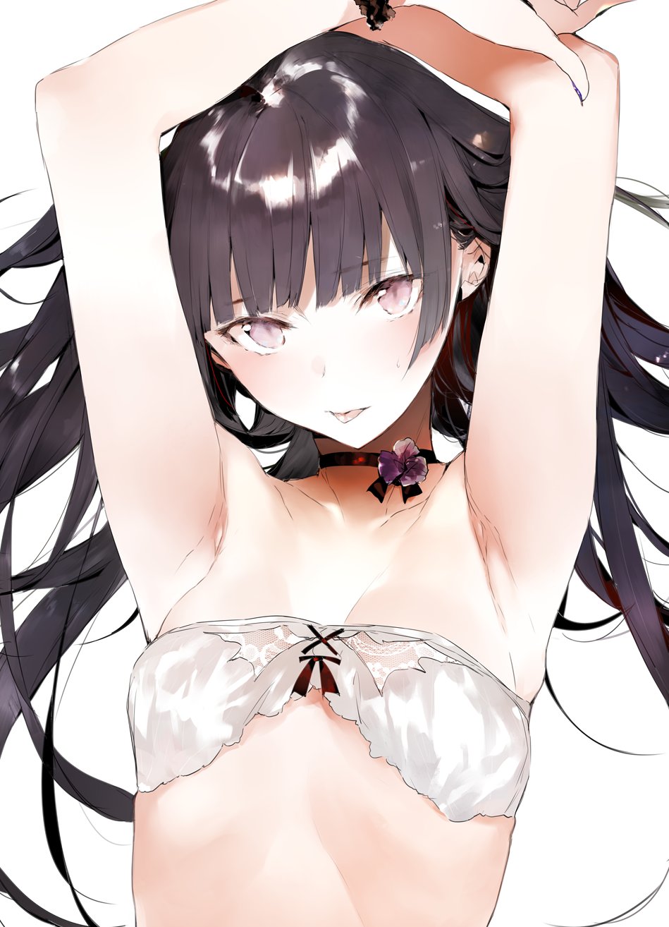 1girl armpits arms_up bangs black_hair blunt_bangs bra breasts choker cleavage collarbone eyebrows_visible_through_hair highres lace lingerie long_hair original pink_eyes shunsei_(muratou) simple_background small_breasts strapless strapless_bra tongue tongue_out tsurime underwear upper_body very_long_hair white_background