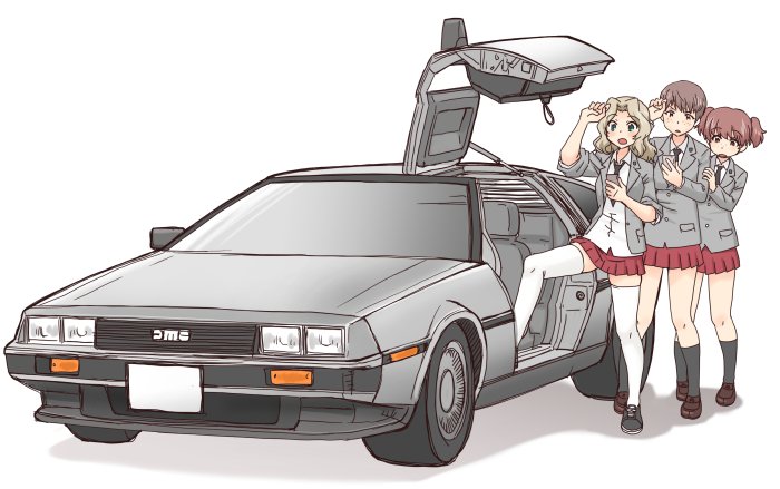 3girls alisa_(girls_und_panzer) back_to_the_future bangs black_neckwear blazer blonde_hair blouse blue_eyes blue_footwear car collared_blouse commentary cross-laced_footwear delorean foot_up frown girls_und_panzer grey_jacket ground_vehicle hair_intakes jacket kay_(girls_und_panzer) long_hair long_sleeves looking_at_viewer looking_at_watch miniskirt motor_vehicle multiple_girls naomi_(girls_und_panzer) necktie open_clothes open_jacket open_mouth parody pleated_skirt red_skirt saunders_school_uniform school_uniform shoes simple_background skirt sleeves_rolled_up sneakers standing thigh-highs uona_telepin watch watch white_background white_blouse white_legwear