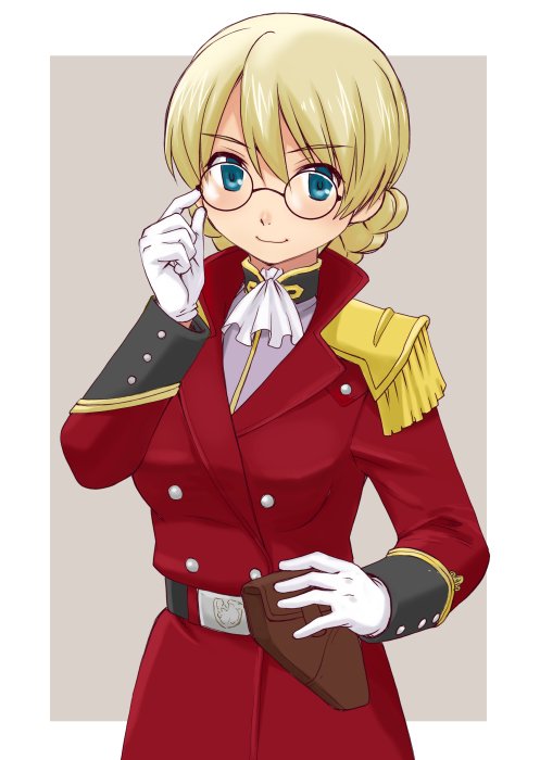 1girl adjusting_eyewear alternate_costume bangs bespectacled black_belt blonde_hair blue_eyes braid closed_mouth commentary_request cravat darjeeling epaulettes eyebrows_visible_through_hair girls_und_panzer glasses gloves grey_background hand_on_hip holster jacket looking_at_viewer military military_uniform outside_border red_jacket short_hair smile solo standing tied_hair twin_braids uniform uona_telepin upper_body white_gloves white_neckwear