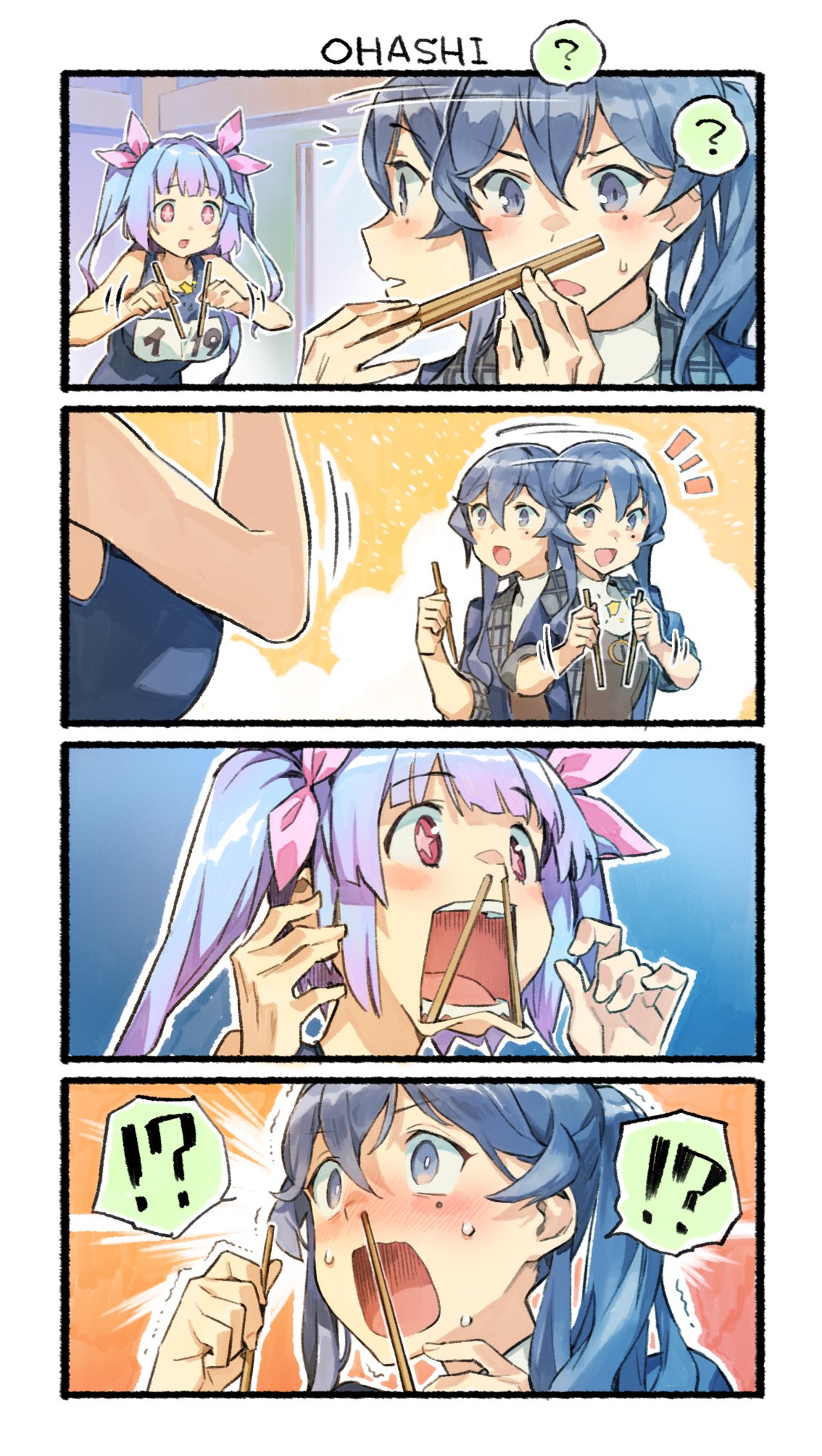 2girls 4koma alternate_costume blue_eyes blue_hair blush breasts chopsticks comic embarrassed eyebrows_visible_through_hair gotland_(kantai_collection) hair_between_eyes hair_bun hair_ornament hair_ribbon highres holding holding_chopsticks i-19_(kantai_collection) kantai_collection large_breasts long_hair long_sleeves mole mole_under_eye multiple_girls name_tag nonco one-piece_swimsuit open_mouth red_eyes ribbon school_swimsuit smile star star-shaped_pupils swimsuit symbol-shaped_pupils tri_tails twintails you're_doing_it_wrong