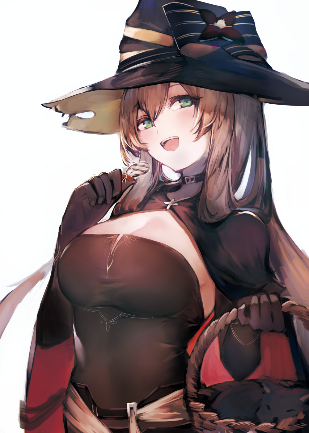 1girl alternate_costume bangs basket blush breasts brown_hair candy cape cat choker cleavage dress elbow_gloves eyebrows_visible_through_hair food girls_frontline gloves green_eyes hair_between_eyes hair_rings halloween hat highres holding holding_basket holding_food irikawa large_breasts lollipop long_hair looking_at_viewer m1903_springfield_(girls_frontline) open_mouth ponytail sidelocks simple_background smile solo upper_body white_background witch_costume witch_hat