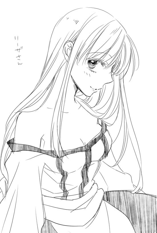 1girl arc_the_lad arc_the_lad_ii bare_shoulders blush breasts cleavage commentary_request dress izumi_kouyou lieza long_hair looking_at_viewer monochrome smile solo very_long_hair white_background