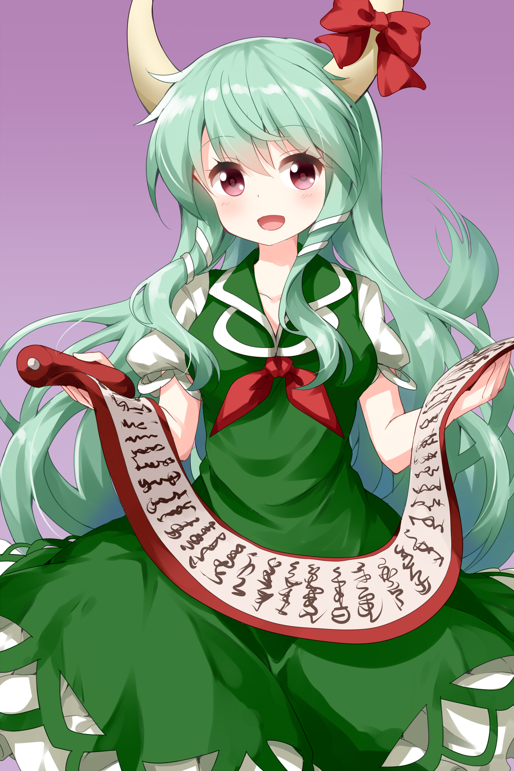 1girl bangs blush bow breasts collarbone commentary_request cowboy_shot dress ex-keine eyebrows_visible_through_hair green_dress green_hair hair_between_eyes highres holding holding_scroll horn_bow kamishirasawa_keine long_hair looking_at_viewer medium_breasts neckerchief open_mouth petticoat pink_eyes puffy_short_sleeves puffy_sleeves purple_background red_bow red_neckwear ruu_(tksymkw) scroll short_sleeves sidelocks simple_background smile solo touhou very_long_hair