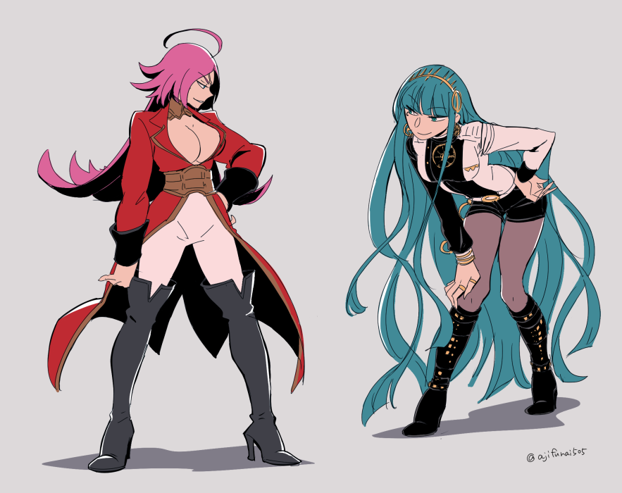 2girls ahoge asaya_minoru bangle bangs black_footwear black_legwear black_shirt black_shorts blunt_bangs boots bracelet breasts brown_legwear cleavage cleopatra_(fate/grand_order) closed_mouth eye_contact eyebrows_visible_through_hair fate/extra fate/grand_order fate_(series) francis_drake_(fate) green_eyes grey_background greyscale hand_on_hip hand_on_leg high_heel_boots high_heels jacket jewelry knee_boots leaning_forward long_hair long_sleeves looking_at_another medium_breasts monochrome multiple_girls pants pantyhose pink_hair profile red_jacket shadow shirt short_shorts shorts smile standing thigh-highs thigh_boots twitter_username v-shaped_eyebrows very_long_hair white_pants