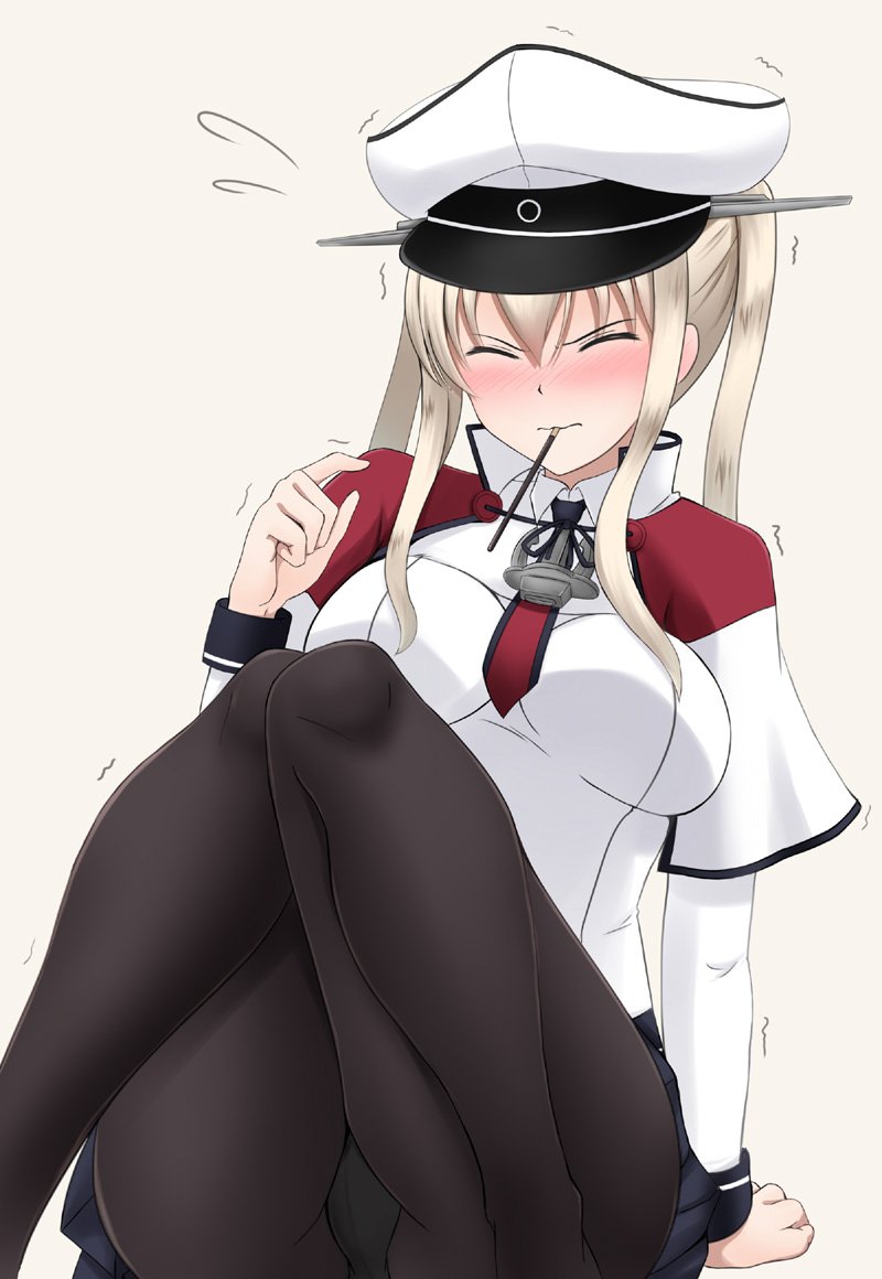1girl black_legwear black_panties breasts capelet celtic_knot closed_eyes commentary_request facing_viewer flying_sweatdrops food fuuma_nagi gloves graf_zeppelin_(kantai_collection) grey_background hair_between_eyes hat iron_cross kantai_collection large_breasts long_hair military military_hat military_uniform miniskirt mouth_hold necktie panties panties_under_pantyhose pantyhose peaked_cap pleated_skirt pocky sidelocks simple_background sitting skirt smile solo twintails twitter_username underwear uniform white_background white_hat