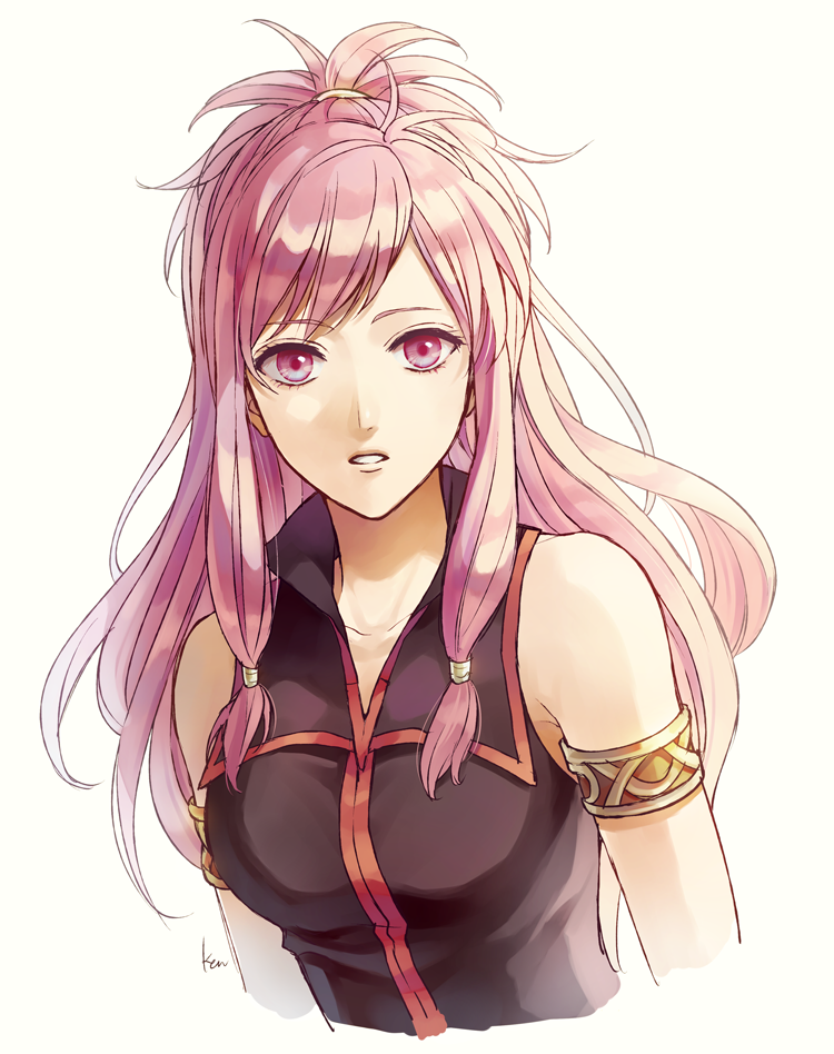 1girl akke bare_shoulders fire_emblem fire_emblem:_seima_no_kouseki long_hair looking_at_viewer marica_(fire_emblem) nintendo pink_hair ponytail purple_hair simple_background solo violet_eyes