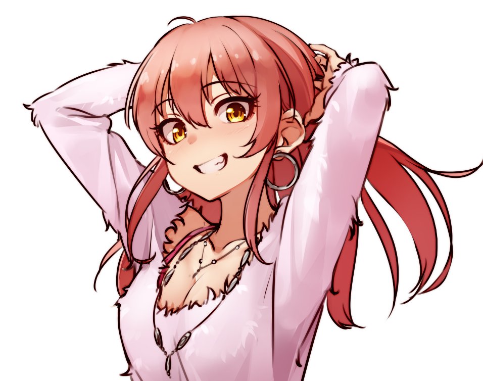 1girl adjusting_hair arms_up blush breasts cleavage collarbone earrings eyebrows_visible_through_hair eyelashes grin hair_down hoop_earrings idolmaster idolmaster_cinderella_girls jewelry jougasaki_mika kakaobataa looking_at_viewer medium_breasts necklace pink_hair simple_background smile solo sweater upper_body white_background yellow_eyes