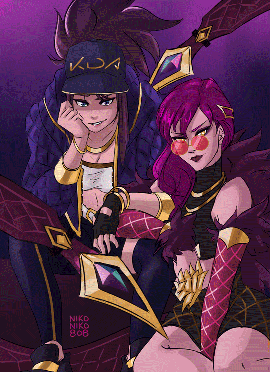 2girls akali animated animated_gif asymmetrical_clothes bangle black_dress bracelet commentary covered_mouth cropped_jacket dress english_commentary evelynn face_mask fingerless_gloves gloves hair_ornament hairclip idol inverted_colors jewelry k/da_(league_of_legends) k/da_akali k/da_evelynn league_of_legends lipstick long_hair looking_at_viewer makeup mask mole_above_mouth multiple_girls nikoniko808 pink_hair ponytail purple_hair round_eyewear short_dress single_pantsleg single_thighhigh sitting sunglasses thigh-highs ultraviolet_light vhs_artifacts yellow_eyes