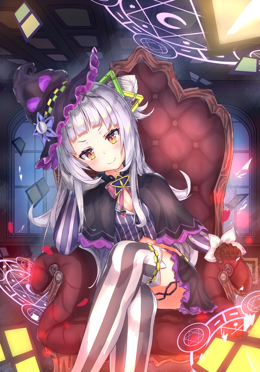 1girl black_capelet black_gloves capelet crop_top gloves hair_ornament hat head_tilt highres hime_cut hololive legs_crossed long_hair looking_at_viewer magic_circle mishuo_(misuo69421) murasaki_shion room scenery silver_hair sitting smile solo striped striped_legwear thigh-highs virtual_youtuber window witch_hat
