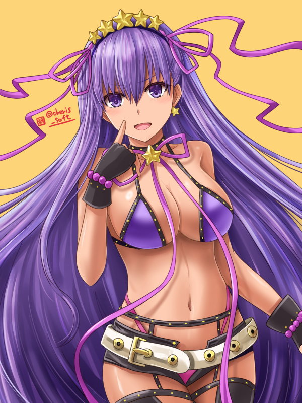 1girl :d bangs bb_(fate)_(all) bb_(swimsuit_mooncancer)_(fate) bikini black_gloves black_hairband black_legwear black_shorts breasts choker cleavage dark_skin earrings eyebrows_visible_through_hair fate/grand_order fate_(series) fingerless_gloves floating_hair gloves hair_between_eyes hair_ribbon hairband haura_akitoshi highleg highleg_bikini index_finger_raised jewelry large_breasts long_hair looking_at_viewer micro_shorts navel neck_ribbon open_clothes open_mouth open_shorts pink_bikini_bottom pink_ribbon purple_bikini_top purple_hair ribbon shorts sideboob simple_background smile solo star star_earrings swimsuit thigh-highs twitter_username very_long_hair violet_eyes yellow_background