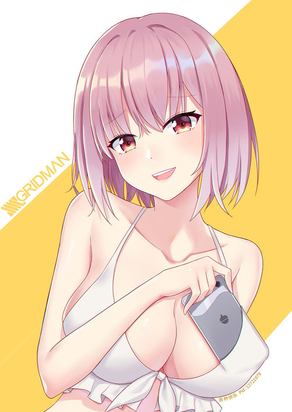 1girl blush breasts cellphone cleavage copyright_name ge_zhong_kuaile highres holding holding_cellphone holding_phone large_breasts lavender_hair looking_at_viewer open_mouth phone pixiv_id red_eyes shinjou_akane short_hair smile solo ssss.gridman swimsuit upper_body white_bikini_top