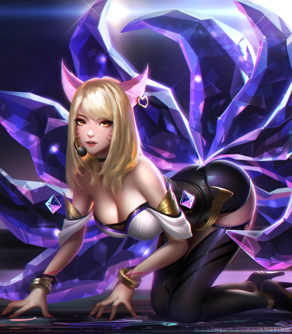 1girl ahri all_fours animal_ears bangs bare_shoulders blonde_hair bracelet breasts choker cleavage earrings fox_ears fox_tail heart heart_earrings high_heels idol jewelry k/da_(league_of_legends) k/da_ahri large_breasts league_of_legends liang_xing lips long_hair looking_at_viewer makeup microphone multiple_tails parted_lips single_earring solo strapless swept_bangs tail thigh-highs whisker_markings yellow_eyes