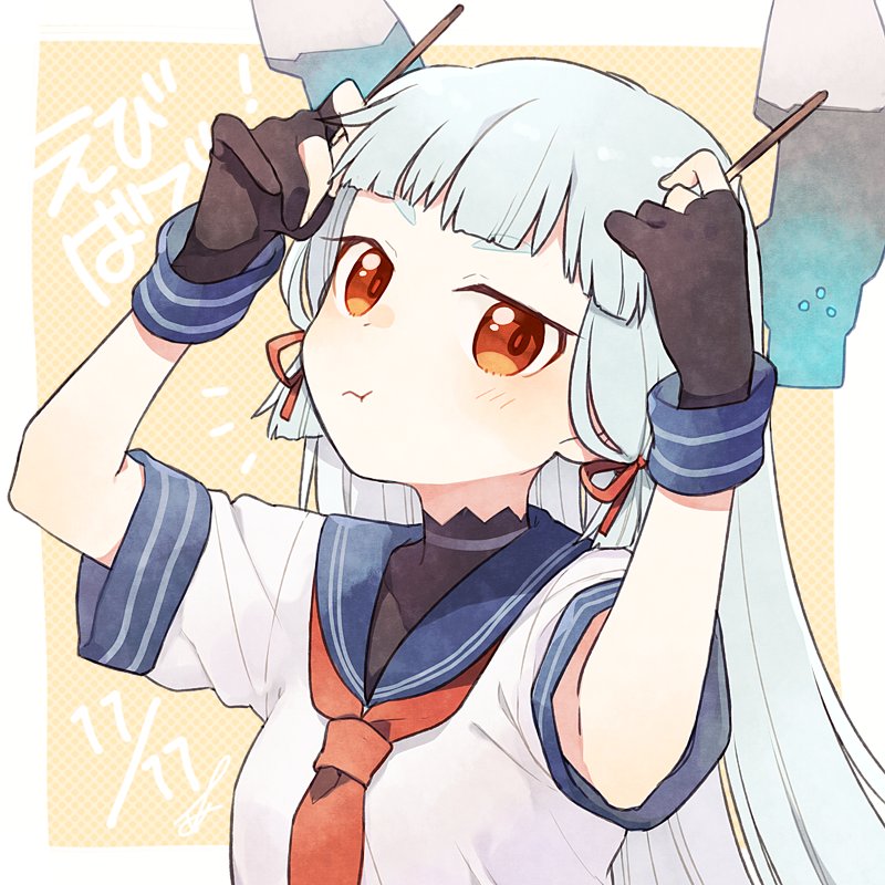 1girl ark_kan bangs black_gloves blunt_bangs closed_mouth commentary_request dated dress food gloves hair_ribbon headgear holding_pocky kantai_collection long_hair looking_at_viewer murakumo_(kantai_collection) necktie orange_eyes partly_fingerless_gloves pocky pocky_day pout red_neckwear red_ribbon ribbon sailor_dress short_eyebrows short_sleeves sidelocks silver_hair simple_background solo tress_ribbon