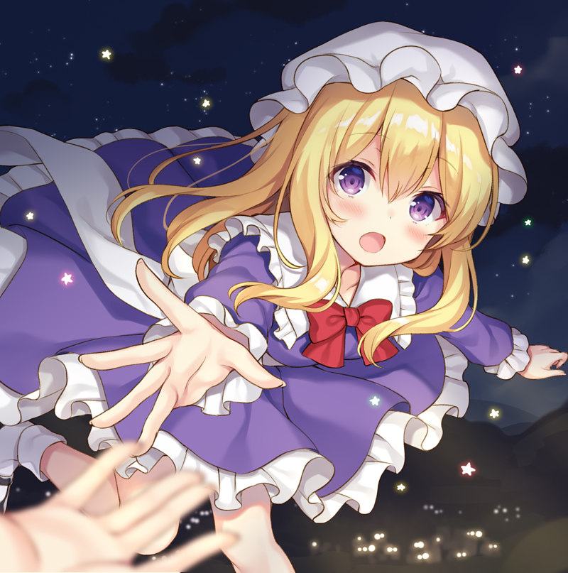 1girl :o blonde_hair blurry blurry_foreground blush bow bowtie commentary_request depth_of_field dress eyebrows_visible_through_hair frilled_shirt_collar frilled_sleeves frills hat leg_up long_hair looking_at_viewer maribel_hearn mob_cap nagisa3710 night night_sky open_mouth out_of_frame outstretched_arm purple_dress reaching red_bow red_neckwear sky socks solo_focus star star_(sky) starry_sky touhou violet_eyes white_legwear