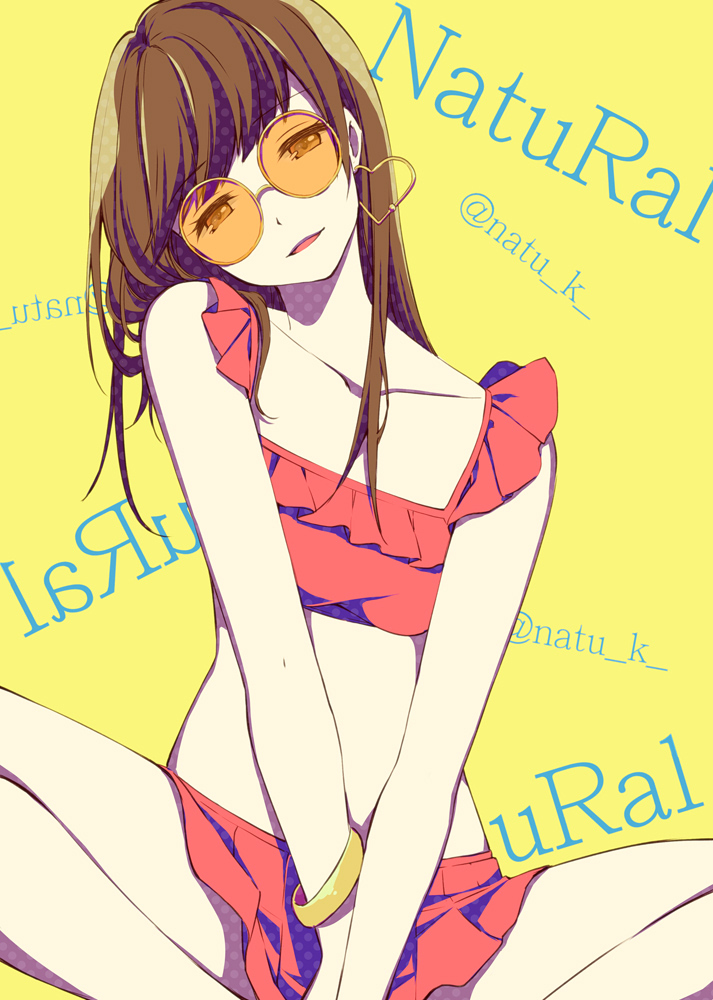 1girl bangle bangs bare_arms bare_shoulders bikini bikini_skirt bracelet breasts brown_eyes brown_hair butterfly_sitting circle_name collarbone commentary_request earrings eyebrows_visible_through_hair frilled_bikini frills hazuki_natsu head_tilt heart heart_earrings jewelry long_hair looking_at_viewer original parted_lips pleated_skirt red_bikini round_eyewear simple_background sitting skirt smile solo sunglasses swimsuit twitter_username yellow-framed_eyewear yellow_background