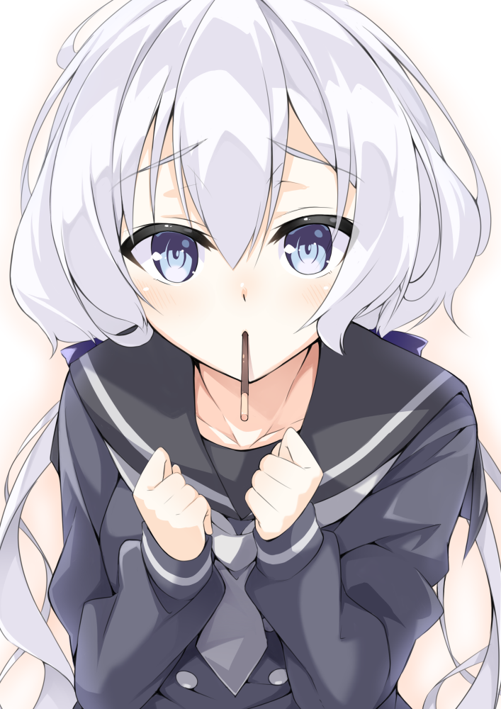 1girl black_serafuku blue_eyes blush clenched_hands collarbone eyebrows_visible_through_hair hair_between_eyes konno_junko long_hair long_sleeves looking_at_viewer low_twintails mouth_hold pocky_day sasakura school_uniform serafuku solo twintails white_hair zombieland_saga