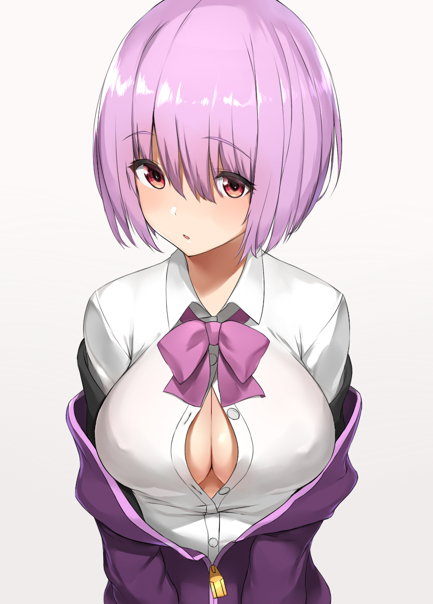 1girl :o blush bow bowtie breasts center_opening cleavage collared_shirt eyebrows_visible_through_hair highres hood hoodie large_breasts nnoelllll no_bra open_mouth purple_hair purple_neckwear red_eyes school_uniform shinjou_akane shirt short_hair simple_background solo ssss.gridman unbuttoned white_background