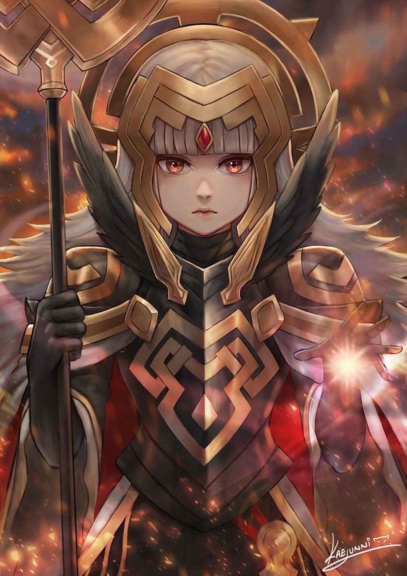1girl armor black_armor black_gloves cape closed_mouth crown fire_emblem fire_emblem_heroes gloves grey_hair hair_ornament holding holding_staff kaejunni long_hair long_sleeves nintendo red_eyes shoulder_armor signature solo staff upper_body veronica_(fire_emblem)