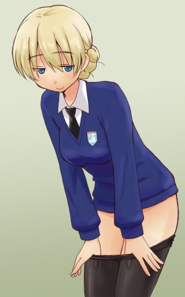 1girl black_legwear black_neckwear blonde_hair blue_eyes blue_sweater braid closed_mouth commentary cowboy_shot darjeeling dress_shirt emblem eyebrows_visible_through_hair girls_und_panzer half-closed_eyes leaning_forward long_sleeves looking_at_viewer necktie no_pants pantyhose pantyhose_pull pulled_by_self school_uniform shirt short_hair smile solo st._gloriana's_(emblem) st._gloriana's_school_uniform standing sweater tied_hair undressing uona_telepin v-neck white_shirt wing_collar