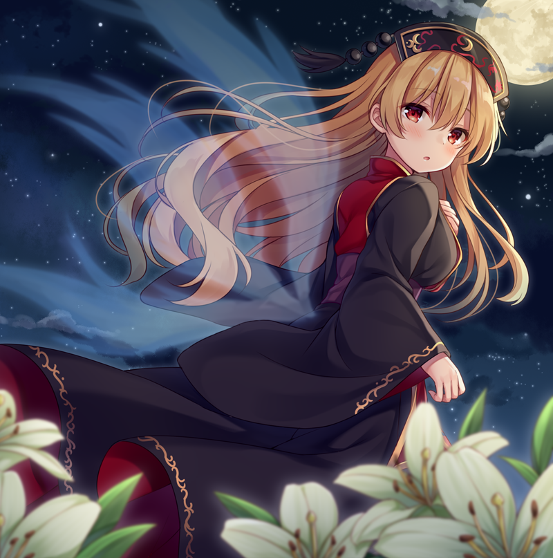 1girl :o bangs blonde_hair blush chinese_clothes commentary_request dress eyebrows_visible_through_hair flower from_behind from_side full_moon hair_between_eyes hand_on_own_chest hat headdress junko_(touhou) lily_(flower) long_hair long_sleeves looking_at_viewer looking_back moon nagisa3710 night outdoors red_eyes sky solo star_(sky) starry_sky tabard tassel touhou wide_sleeves