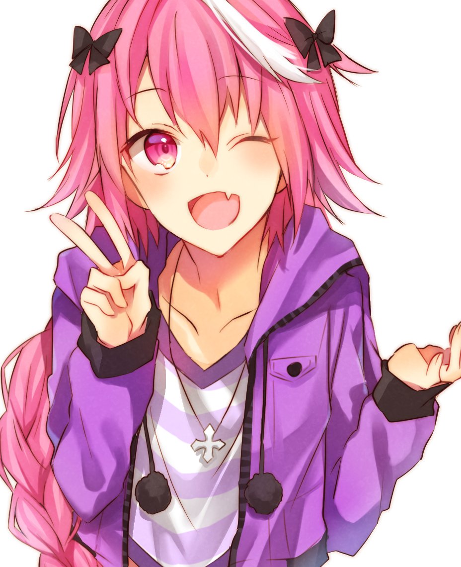 1boy ;d astolfo_(fate) bangs braided_ponytail collarbone cross cross_necklace eyebrows_visible_through_hair fate_(series) hair_ribbon jewelry long_hair long_sleeves looking_at_viewer necklace one_eye_closed open_mouth pink_eyes pink_hair ponytail purple_hoodie ribbon shirt smile solo standing striped striped_shirt tomydayo1031 tongue v white_background white_hair