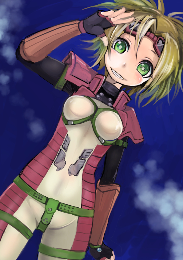 1girl arm_at_side black_gloves blonde_hair bodysuit breasts cowboy_shot dutch_angle final_fantasy final_fantasy_x fingerless_gloves gloves goggles goggles_on_head green_eyes grin hand_up looking_at_viewer rikku ruu_bot short_hair small_breasts smile solo teeth thigh_strap