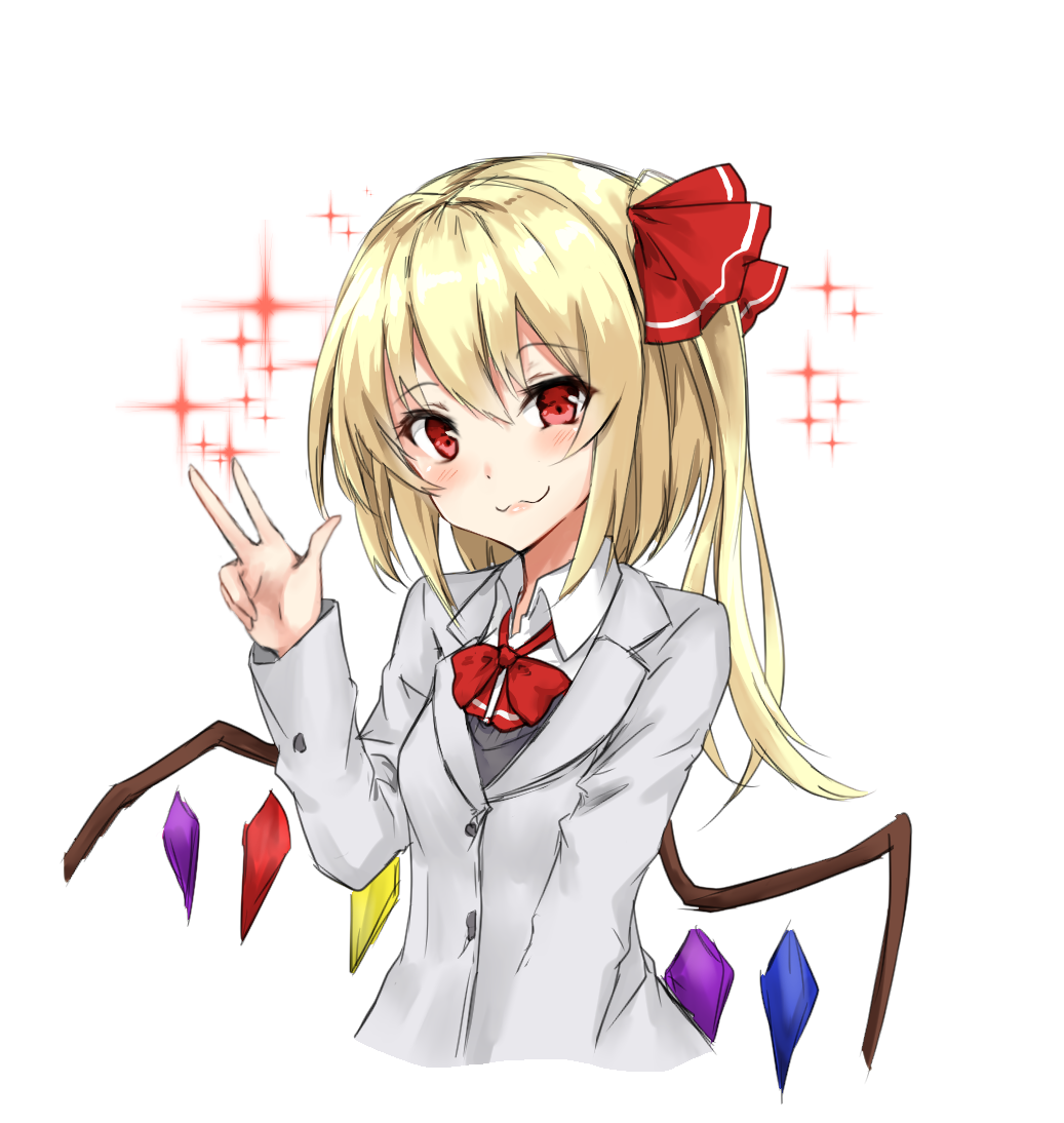 1girl :3 alternate_costume amagi_(amagi626) bangs blazer blonde_hair blush bow bowtie breasts commentary_request contemporary cropped_torso crystal eyebrows_visible_through_hair flandre_scarlet grey_jacket hair_between_eyes hair_ribbon hand_up jacket long_hair long_sleeves looking_at_viewer no_hat no_headwear one_side_up red_bow red_eyes red_neckwear red_ribbon ribbon school_uniform shirt simple_background small_breasts smile solo sparkle sweater_vest touhou upper_body w white_background white_shirt wing_collar wings
