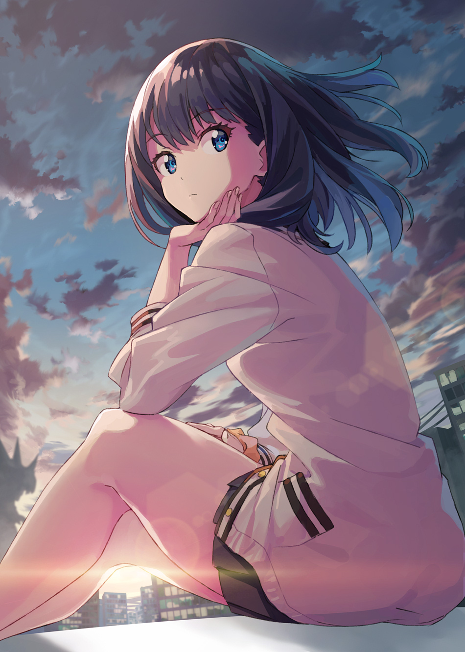 1girl black_hair blue_eyes bow bowtie building cardigan city clouds cloudy_sky hand_on_own_cheek highres k-me long_sleeves medium_hair outdoors pleated_skirt school_uniform scrunchie sitting skirt sky solo ssss.gridman sunlight takarada_rikka