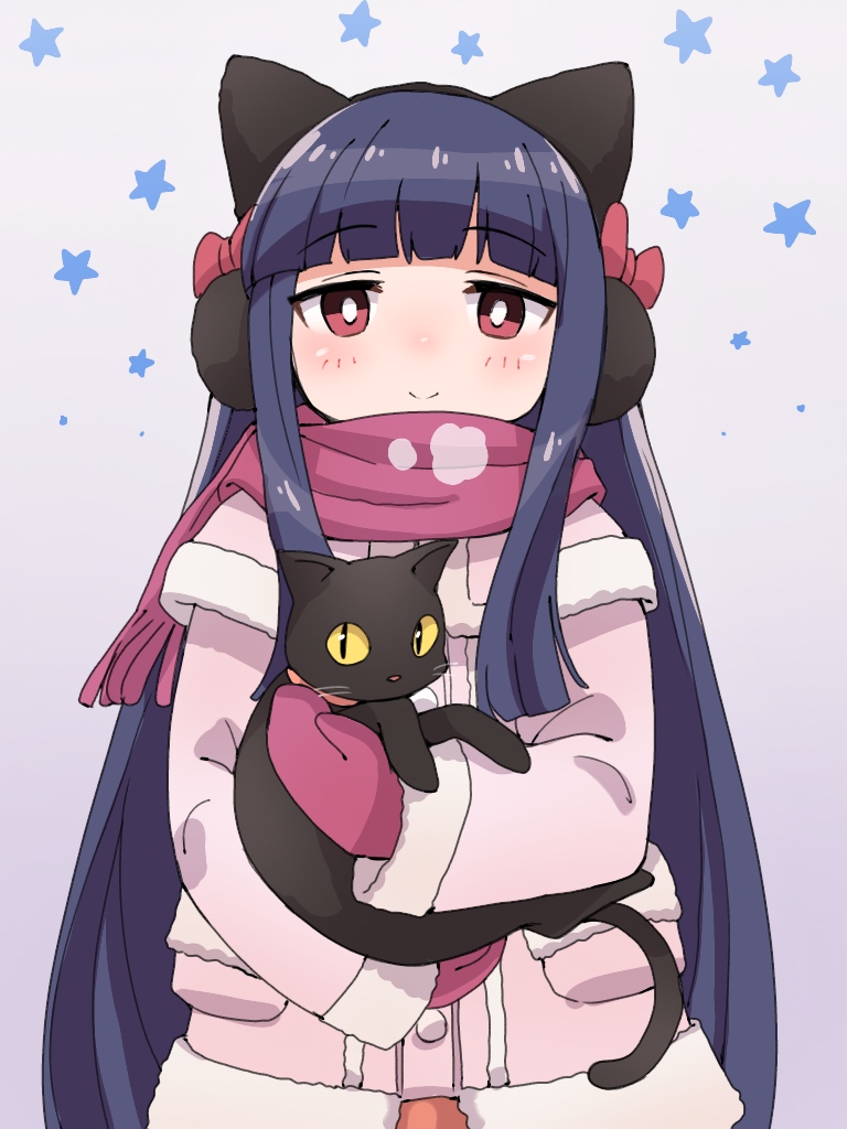 1girl animal_ears black_cat blue_hair blush bow cat coat collar ddak5843 earmuffs fake_animal_ears fur_trim gloves headband idolmaster idolmaster_cinderella_girls long_sleeves looking_at_viewer red_eyes sajou_yukimi scarf sidelocks simple_background smile solo star upper_body yellow_eyes