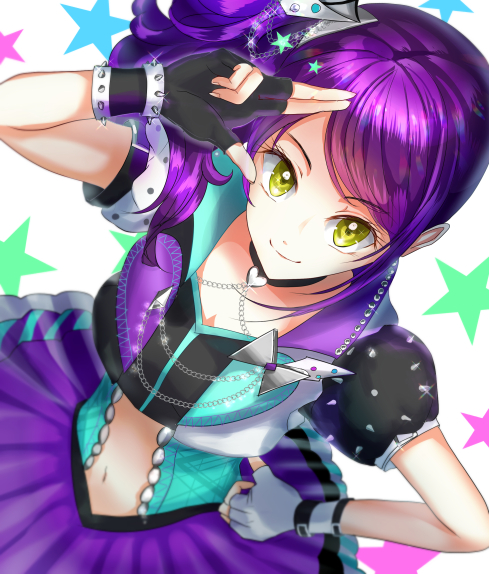 1girl 808taro asymmetrical_gloves bangs black_gloves breasts choker cleavage fingerless_gloves from_above gloves grey_gloves hair_ornament long_hair looking_at_viewer midriff navel parted_bangs pleated_skirt pripara purple_hair purple_skirt salute shiny shiny_hair short_sleeves side_ponytail skirt small_breasts smile solo star star_hair_ornament stomach toudou_shion yellow_eyes